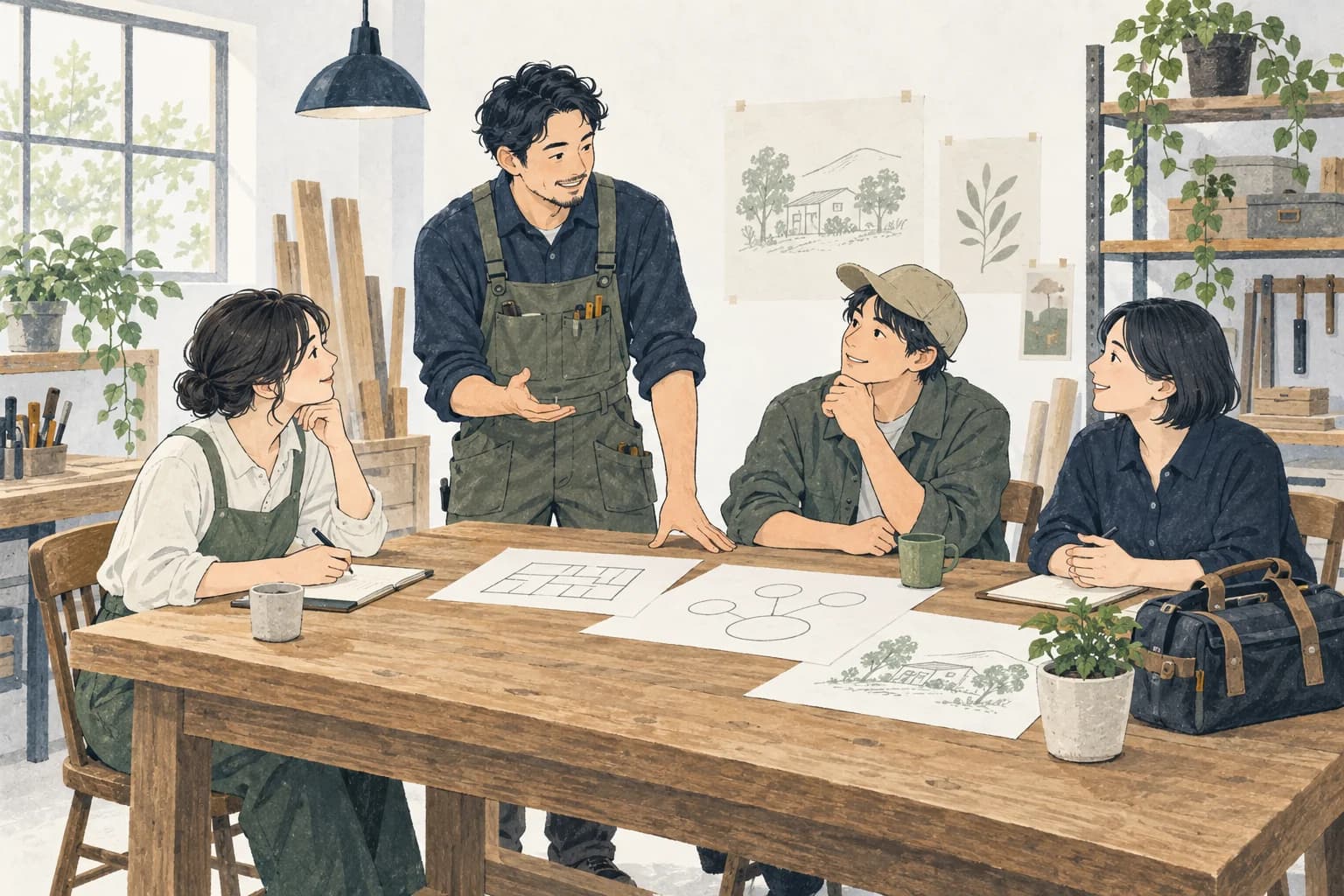 技術者の経営者と仲間が、テーブルで組織の未来を話し合うイラスト