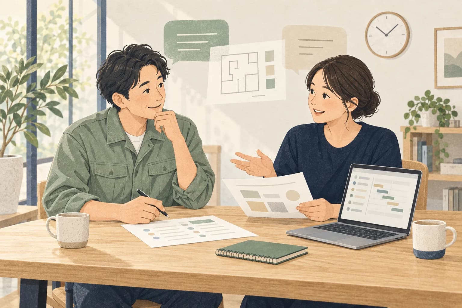 経営者と相談相手が、見積書やパソコンを囲んで事業の進め方を話し合うイラスト
